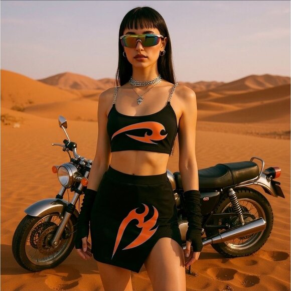 Tattoo Graphic Chain Crop Top & High-Slit Mini Skirt Set by Current Mood M - Picture 2 of 3